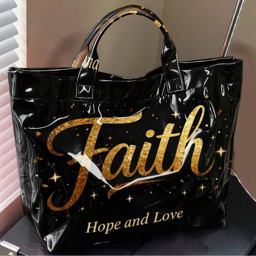 Faith "Gold Purple Printed Handbag, Bright Black PVC Handbag, Inspiring Casual Shoulder Bag, Large Capacity Church/Daily Women's Clothing Gift Handbag