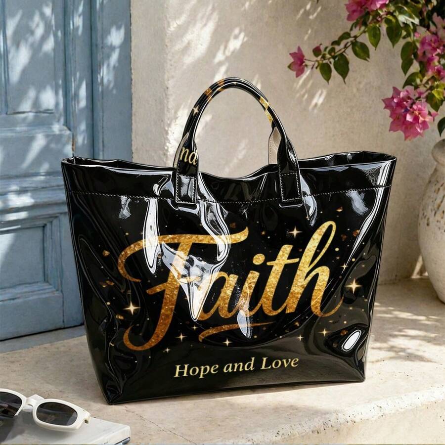 Faith "Gold Purple Printed Handbag, Bright Black PVC Handbag, Inspiring Casual Shoulder Bag, Large Capacity Church/Daily Women's Clothing Gift Handbag