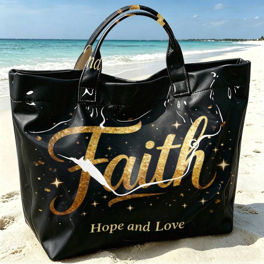 Faith "Gold Purple Printed Handbag, Bright Black PVC Handbag, Inspiring Casual Shoulder Bag, Large Capacity Church/Daily Women's Clothing Gift Handbag