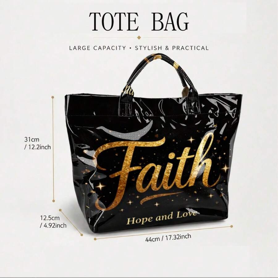 Faith "Gold Purple Printed Handbag, Bright Black PVC Handbag, Inspiring Casual Shoulder Bag, Large Capacity Church/Daily Women's Clothing Gift Handbag