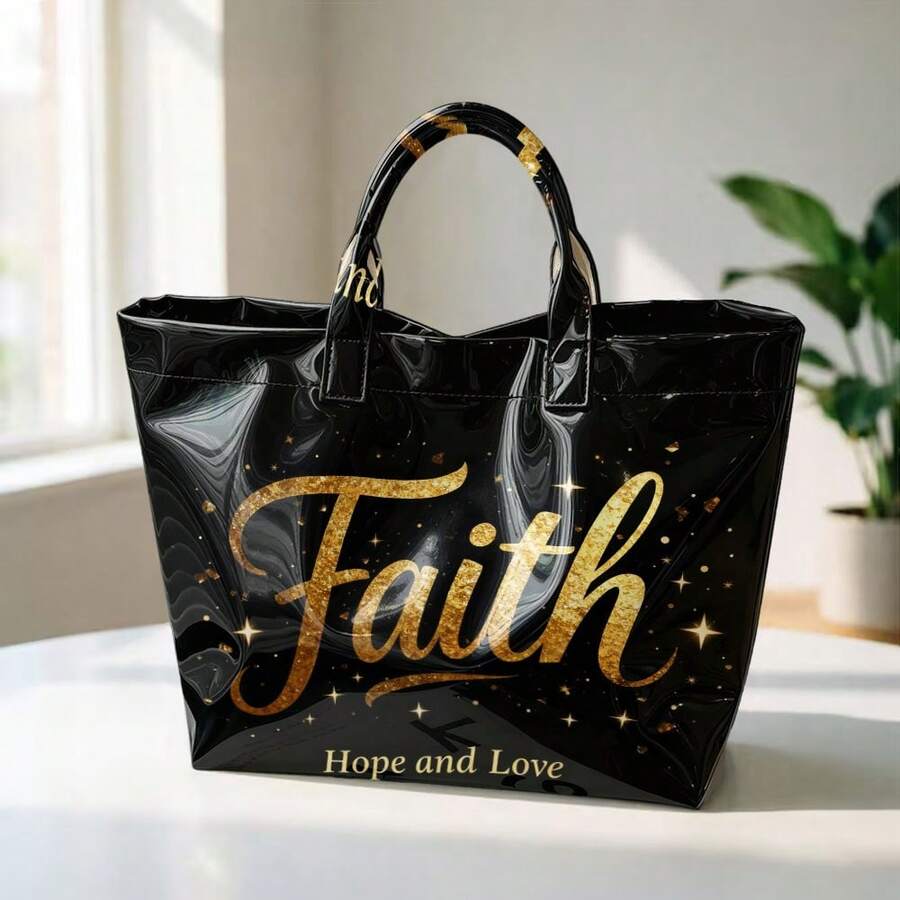 Faith "Gold Purple Printed Handbag, Bright Black PVC Handbag, Inspiring Casual Shoulder Bag, Large Capacity Church/Daily Women's Clothing Gift Handbag