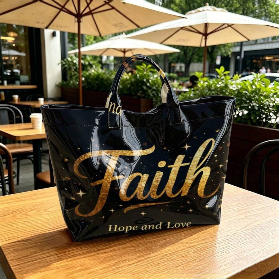 Faith "Gold Purple Printed Handbag, Bright Black PVC Handbag, Inspiring Casual Shoulder Bag, Large Capacity Church/Daily Women's Clothing Gift Handbag