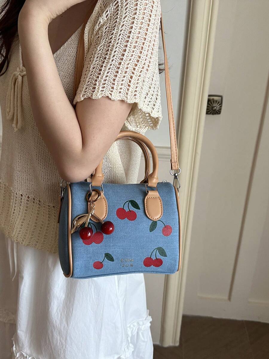 1pc Quilted Zipper Closure Printed Women's Handbag, High-End Style Tote Bag, Ins New Fashionable Versatile Cylinder Hand-Carry Bag, Zipper Bag, Fashion Cherry Print Shoulder Crossbody Bag, Vintage Buc