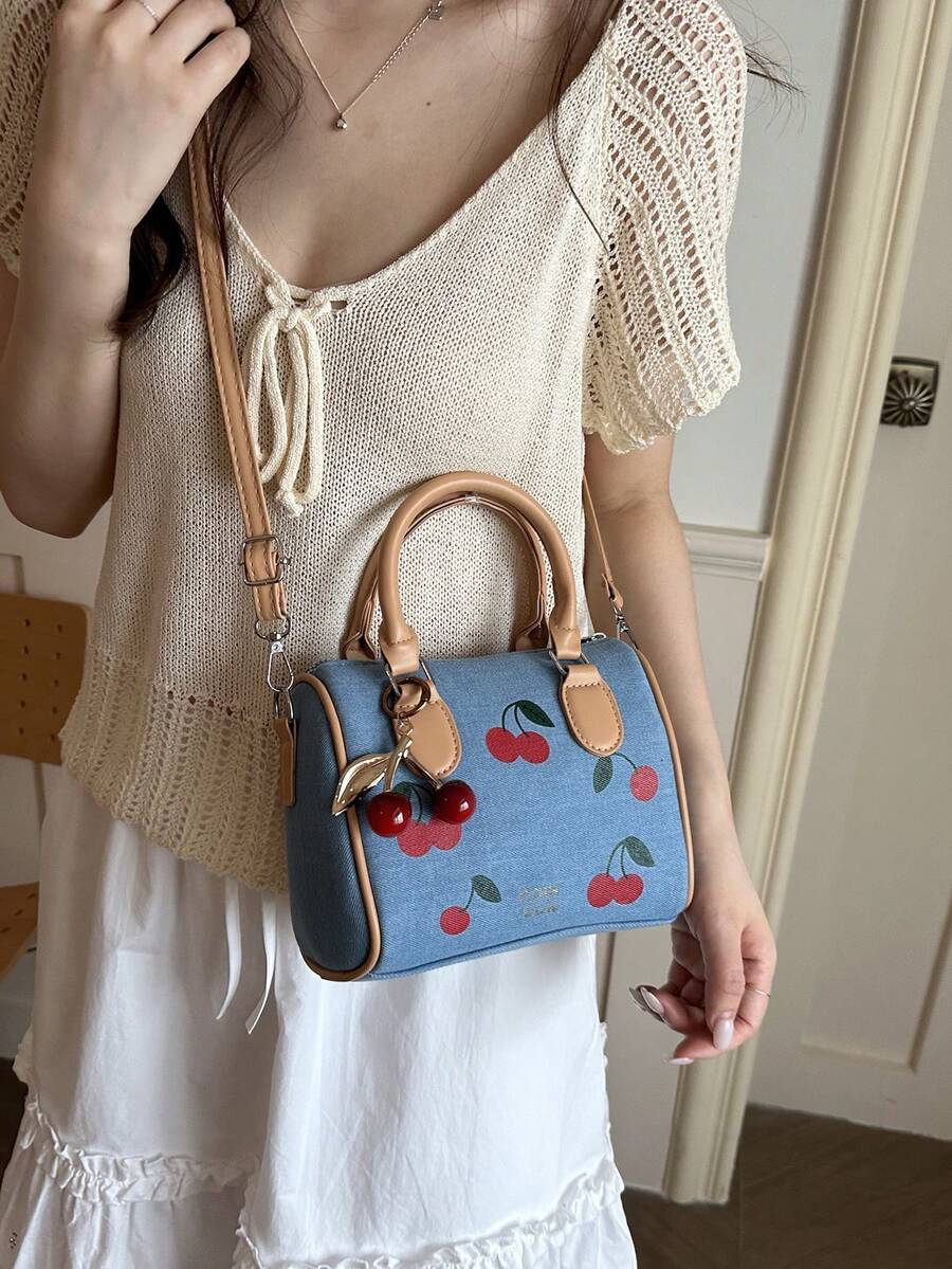 1pc Quilted Zipper Closure Printed Women's Handbag, High-End Style Tote Bag, Ins New Fashionable Versatile Cylinder Hand-Carry Bag, Zipper Bag, Fashion Cherry Print Shoulder Crossbody Bag, Vintage Buc