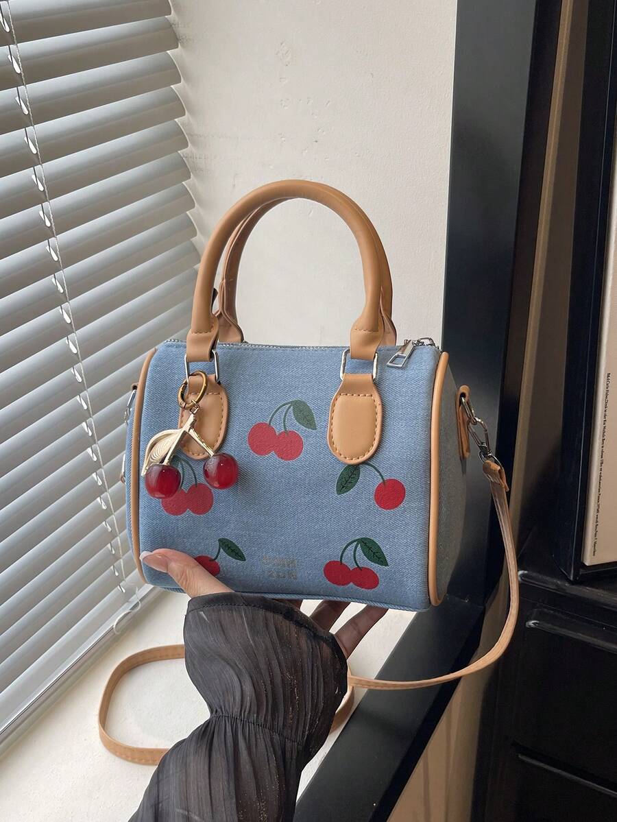 1pc Quilted Zipper Closure Printed Women's Handbag, High-End Style Tote Bag, Ins New Fashionable Versatile Cylinder Hand-Carry Bag, Zipper Bag, Fashion Cherry Print Shoulder Crossbody Bag, Vintage Buc