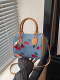 1pc Quilted Zipper Closure Printed Women's Handbag, High-End Style Tote Bag, Ins New Fashionable Versatile Cylinder Hand-Carry Bag, Zipper Bag, Fashion Cherry Print Shoulder Crossbody Bag, Vintage Buc