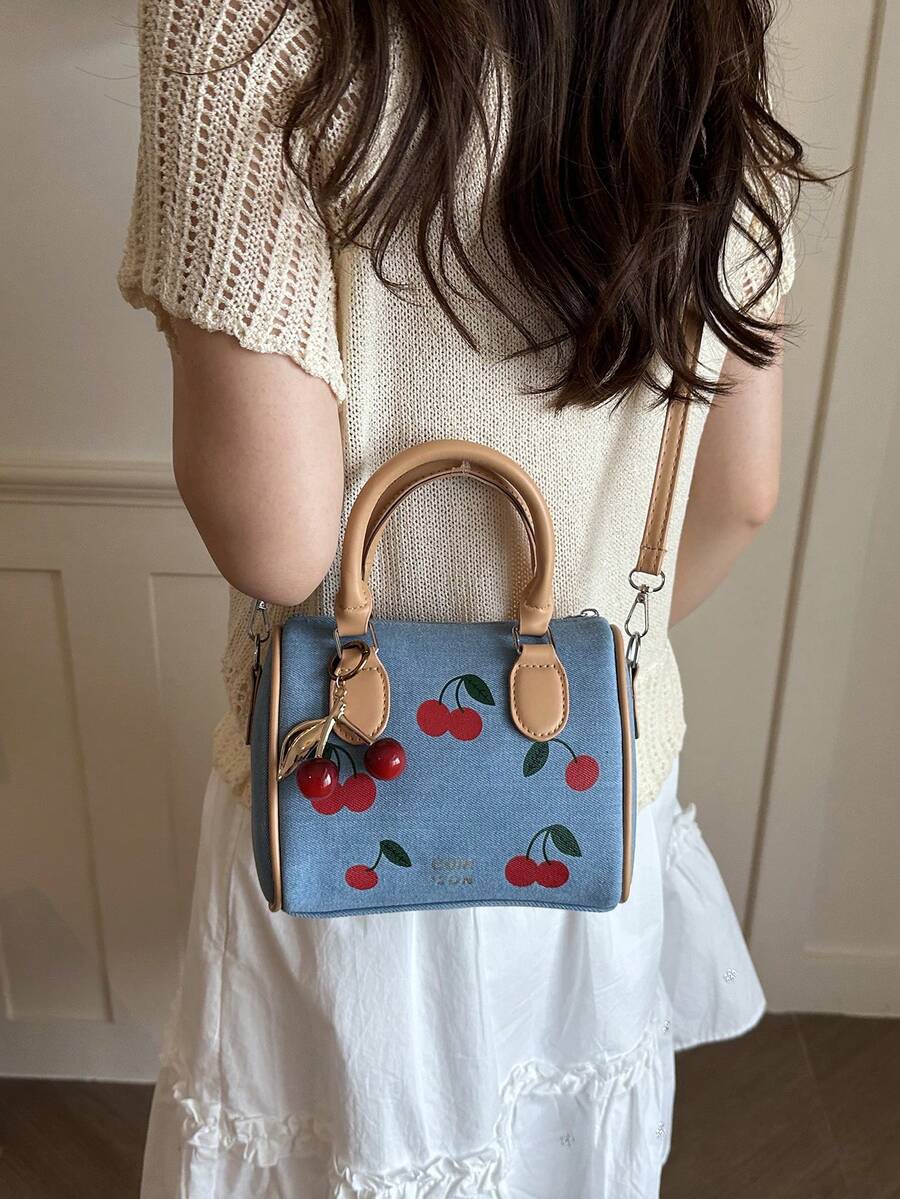 1pc Quilted Zipper Closure Printed Women's Handbag, High-End Style Tote Bag, Ins New Fashionable Versatile Cylinder Hand-Carry Bag, Zipper Bag, Fashion Cherry Print Shoulder Crossbody Bag, Vintage Buc