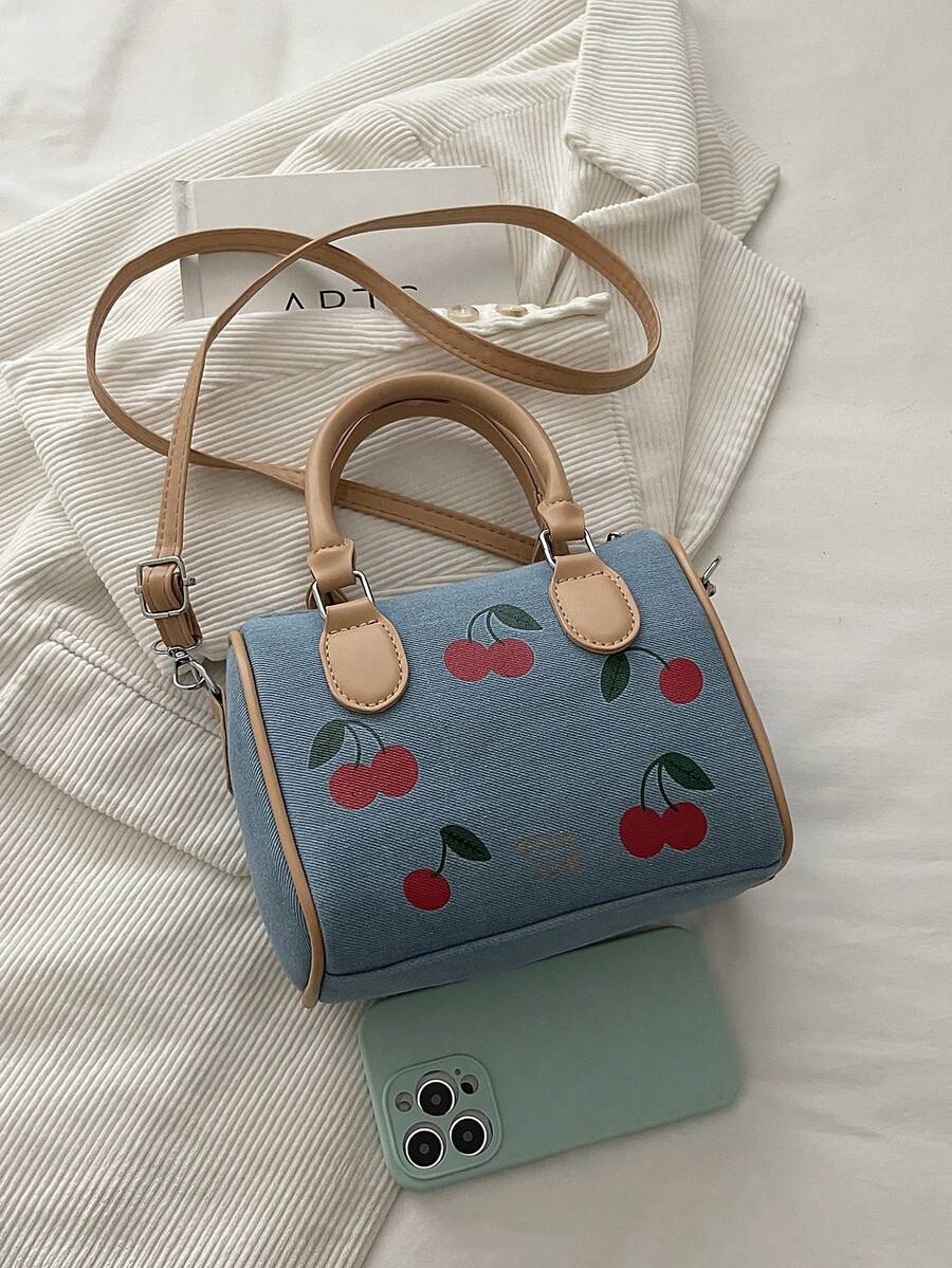 1pc Quilted Zipper Closure Printed Women's Handbag, High-End Style Tote Bag, Ins New Fashionable Versatile Cylinder Hand-Carry Bag, Zipper Bag, Fashion Cherry Print Shoulder Crossbody Bag, Vintage Buc