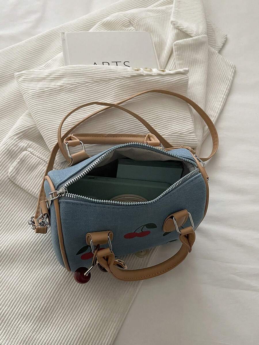1pc Quilted Zipper Closure Printed Women's Handbag, High-End Style Tote Bag, Ins New Fashionable Versatile Cylinder Hand-Carry Bag, Zipper Bag, Fashion Cherry Print Shoulder Crossbody Bag, Vintage Buc
