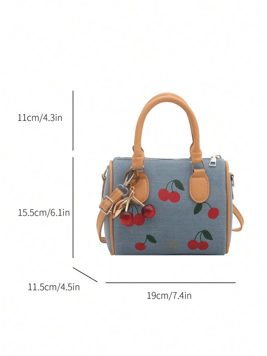 1pc Quilted Zipper Closure Printed Women's Handbag, High-End Style Tote Bag, Ins New Fashionable Versatile Cylinder Hand-Carry Bag, Zipper Bag, Fashion Cherry Print Shoulder Crossbody Bag, Vintage Buc