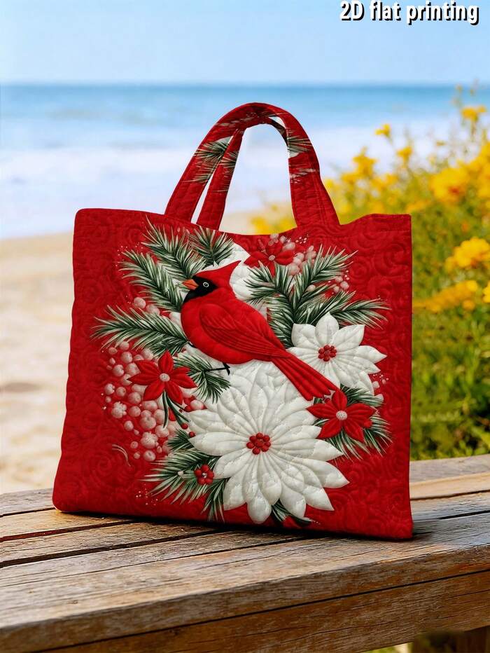 1PC 2D Printed Christmas North American Cardinals Quilted Handbag (Without Zippe