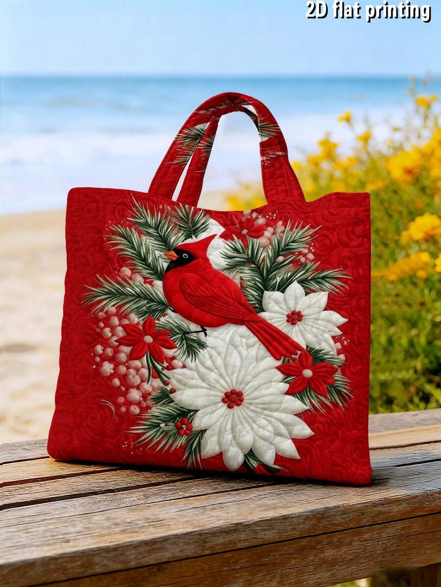 1PC 2D Printed Christmas North American Cardinals Quilted Handbag (Without Zipper), Lightweight And Durable, Not Easily Wrinkled For 250 Years.