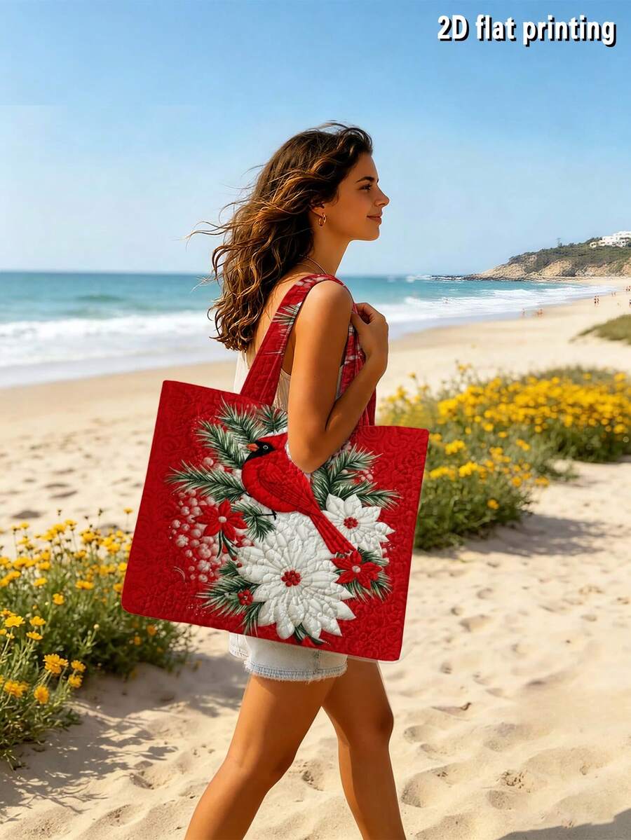 1PC 2D Printed Christmas North American Cardinals Quilted Handbag (Without Zipper), Lightweight And Durable, Not Easily Wrinkled For 250 Years.