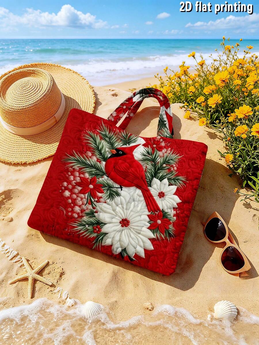 1PC 2D Printed Christmas North American Cardinals Quilted Handbag (Without Zipper), Lightweight And Durable, Not Easily Wrinkled For 250 Years.