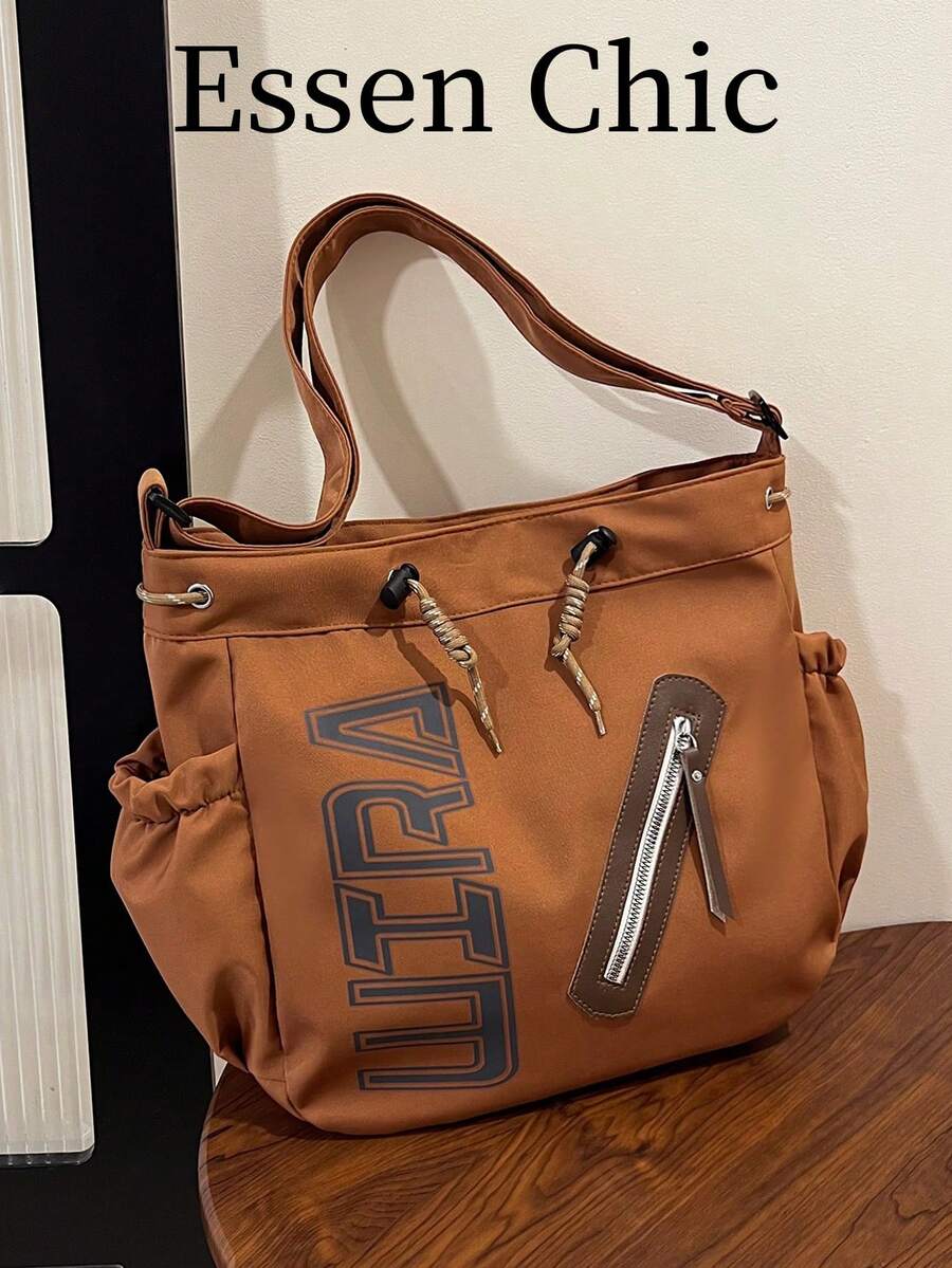 1pc Brown Summer New Printed Letter Decor Large Capacity Nylon Tote Bag Women's Shoulder Crossbody Bag