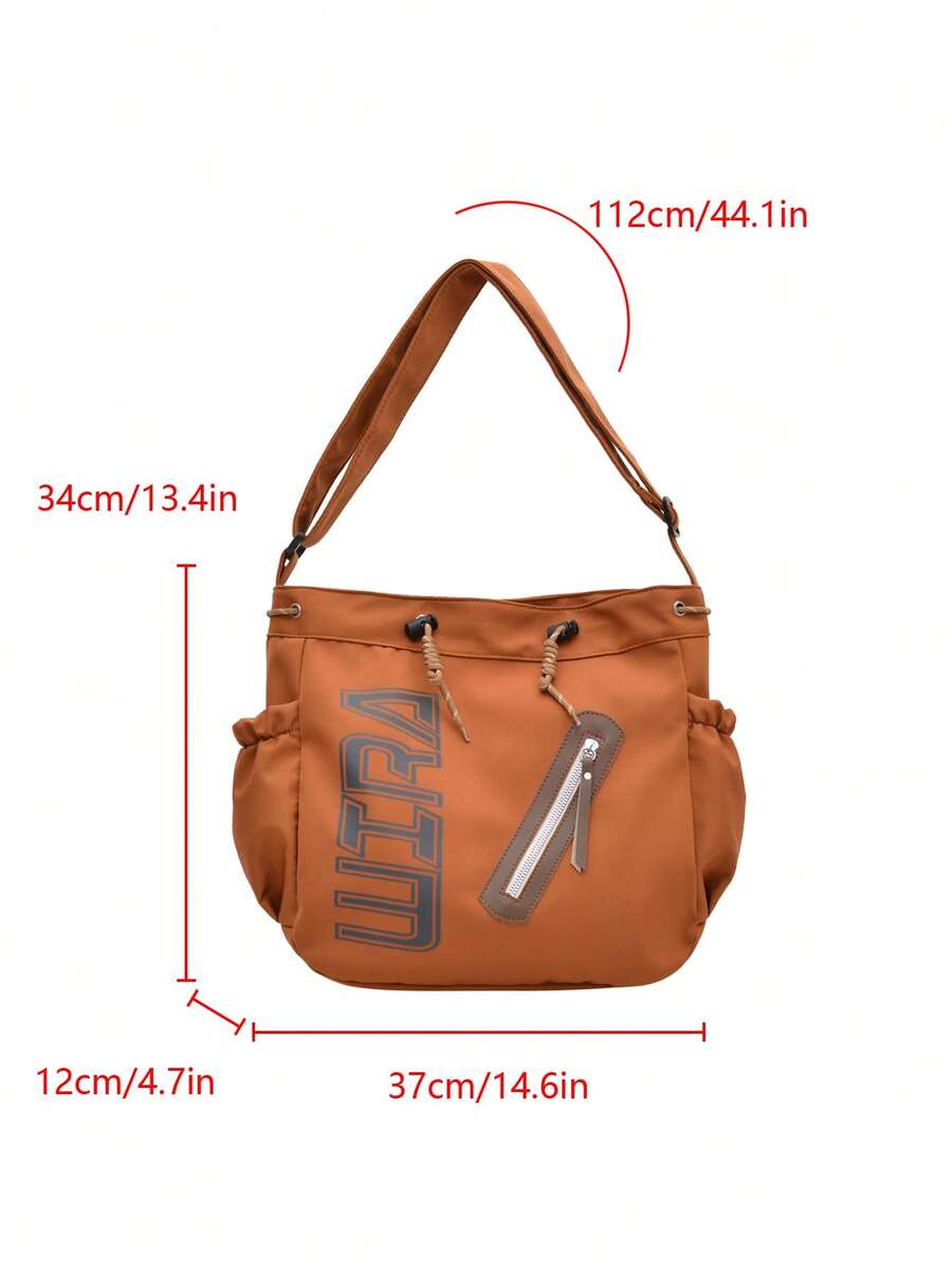 1pc Brown Summer New Printed Letter Decor Large Capacity Nylon Tote Bag Women's Shoulder Crossbody Bag