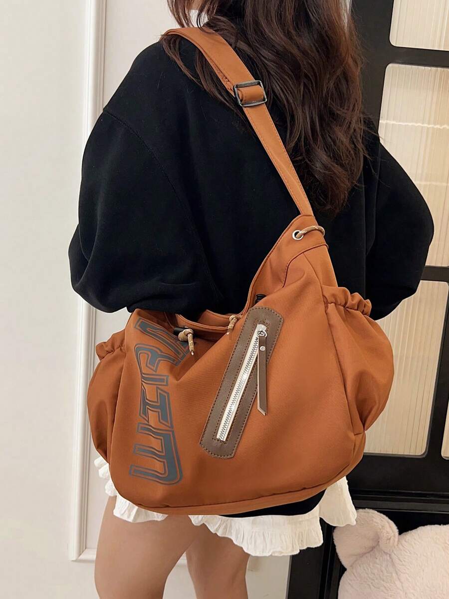 1pc Brown Summer New Printed Letter Decor Large Capacity Nylon Tote Bag Women's Shoulder Crossbody Bag