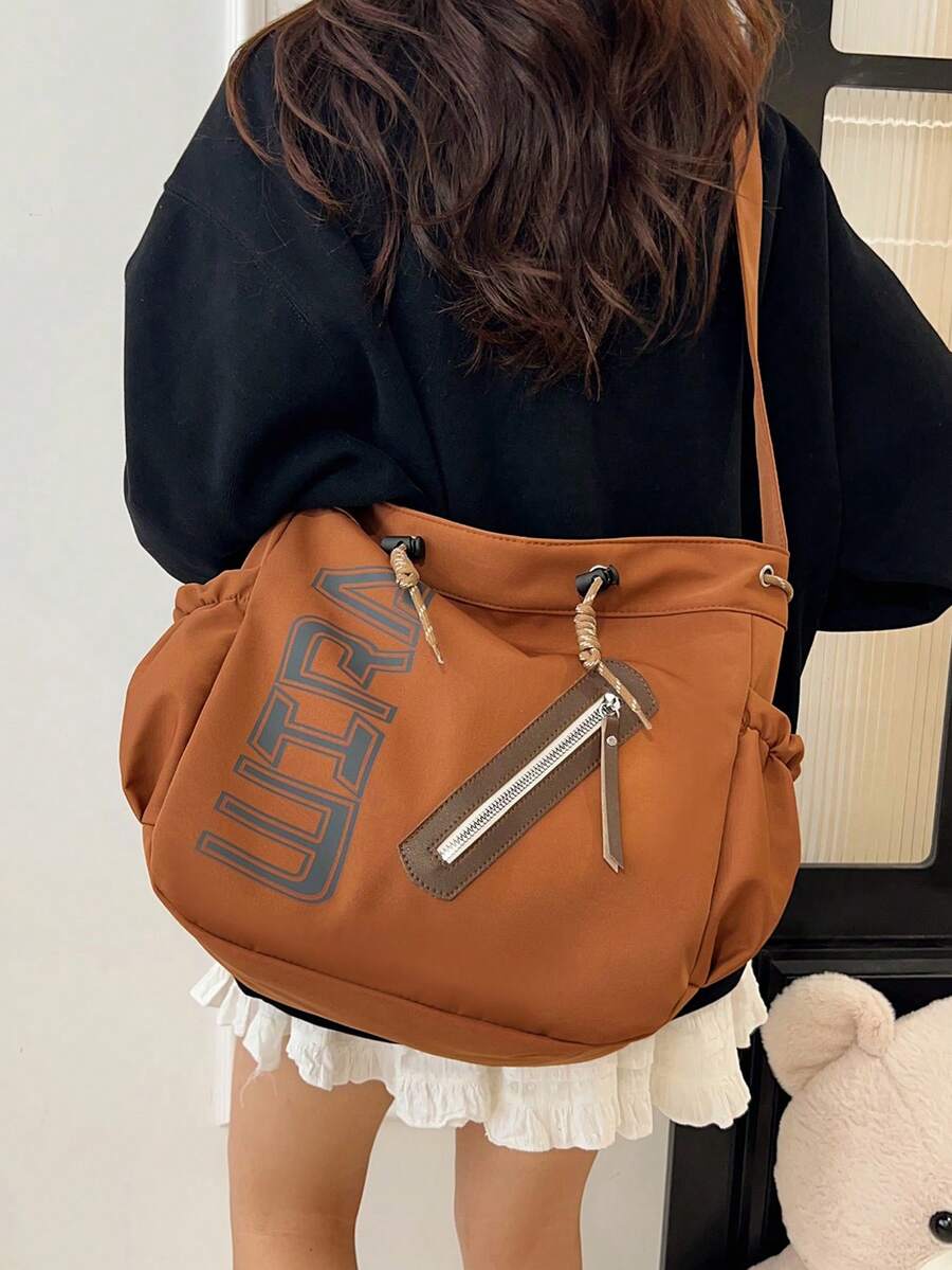 1pc Brown Summer New Printed Letter Decor Large Capacity Nylon Tote Bag Women's Shoulder Crossbody Bag