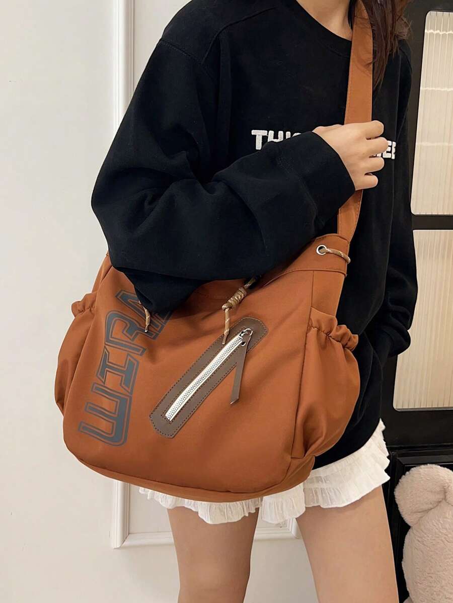 1pc Brown Summer New Printed Letter Decor Large Capacity Nylon Tote Bag Women's Shoulder Crossbody Bag