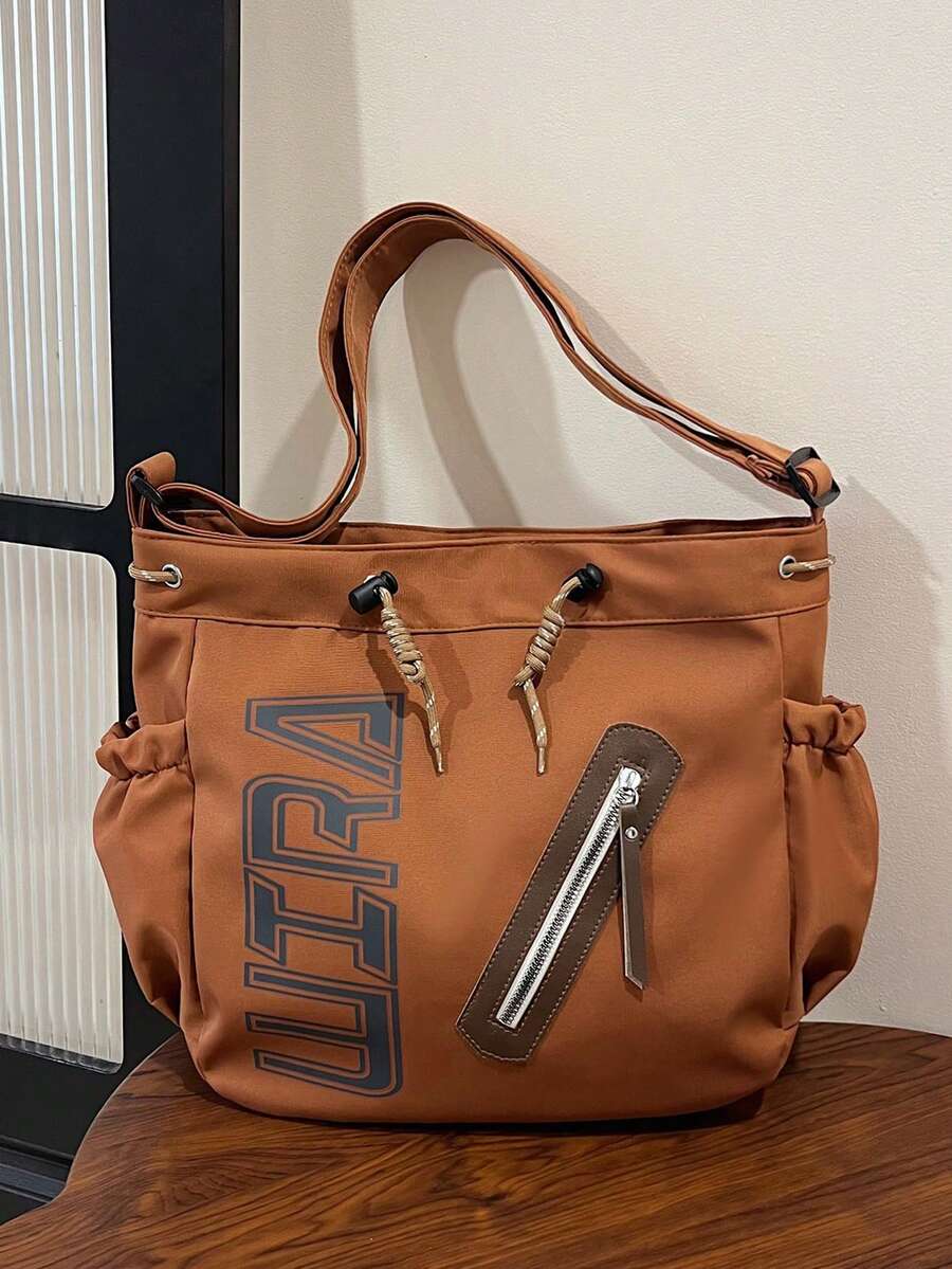 1pc Brown Summer New Printed Letter Decor Large Capacity Nylon Tote Bag Women's Shoulder Crossbody Bag