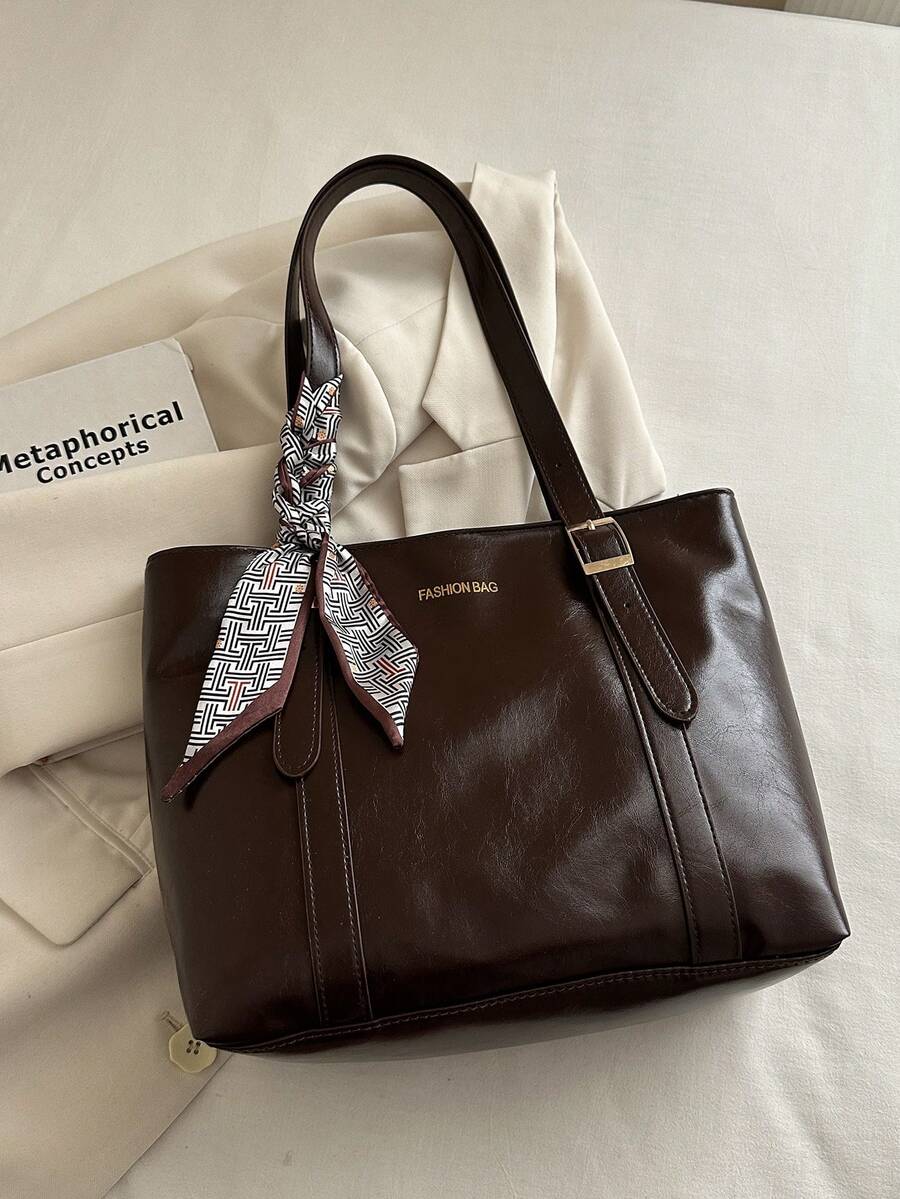1pc Red Summer New Scarf Decor Large Capacity Solid Color PU Tote Bag Women's Shoulder Bag