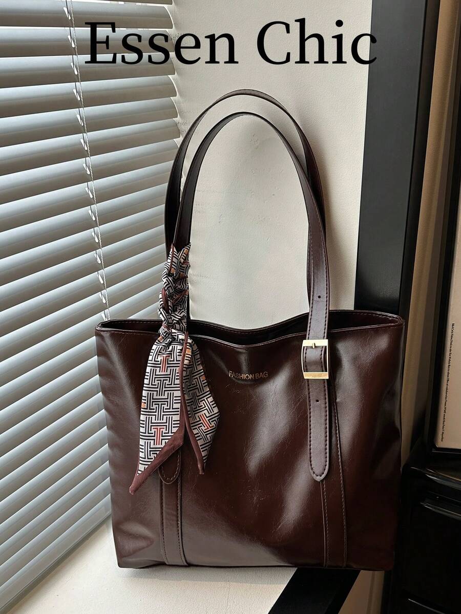 1pc Red Summer New Scarf Decor Large Capacity Solid Color PU Tote Bag Women's Shoulder Bag