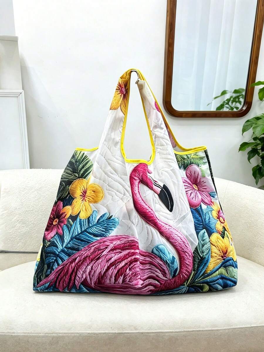 1PC Women Large Capacity Tote Bag, Creative Animal Floral Print, Reusable Shopping Handbag, Versatile Casual Bag For Commute Travel Grocery, Easy To C