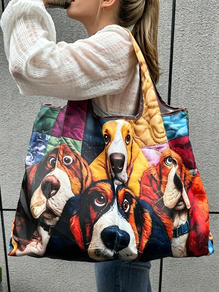 1PC Women Large Capacity Tote Bag, Creative Animal Floral Print, Reusable Shopping Handbag, Versatile Casual Bag For Commute Travel Grocery, Easy To C