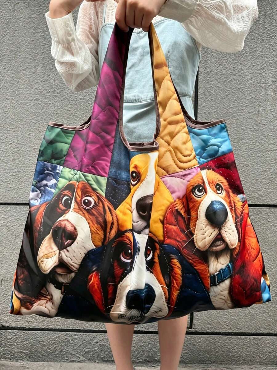 1PC Women Large Capacity Tote Bag, Creative Animal Floral Print, Reusable Shopping Handbag, Versatile Casual Bag For Commute Travel Grocery, Easy To C