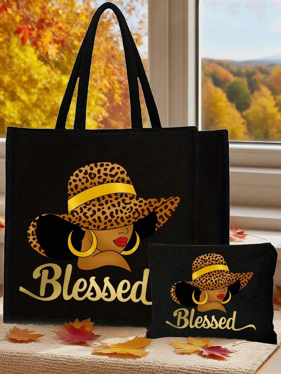 Printed Tote Bag, Printed Tote Bag Set, Tote Bag With Cosmetic Bag, Lightweight Large Capacity Tote Bag, Reusable Jute Shopping Bag, Portable Travel Beach Bag With Cosmetic Bag, Birthday Gift, Teacher