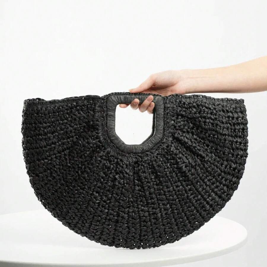 Casual Rattan Wicker Tote Bag Large Capacity Woven Designer Beach Bag Women's Straw Summer Half-Moon Beach Handbag Shopper Tote