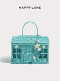 HAPPY LANE Woven Tote Bag, Mint Blue House Design, Hollowed-Out Shoulder Bag, Beach Bag, Cute Cartoon Shoulder Bag, Casual And Versatile Women's Bag