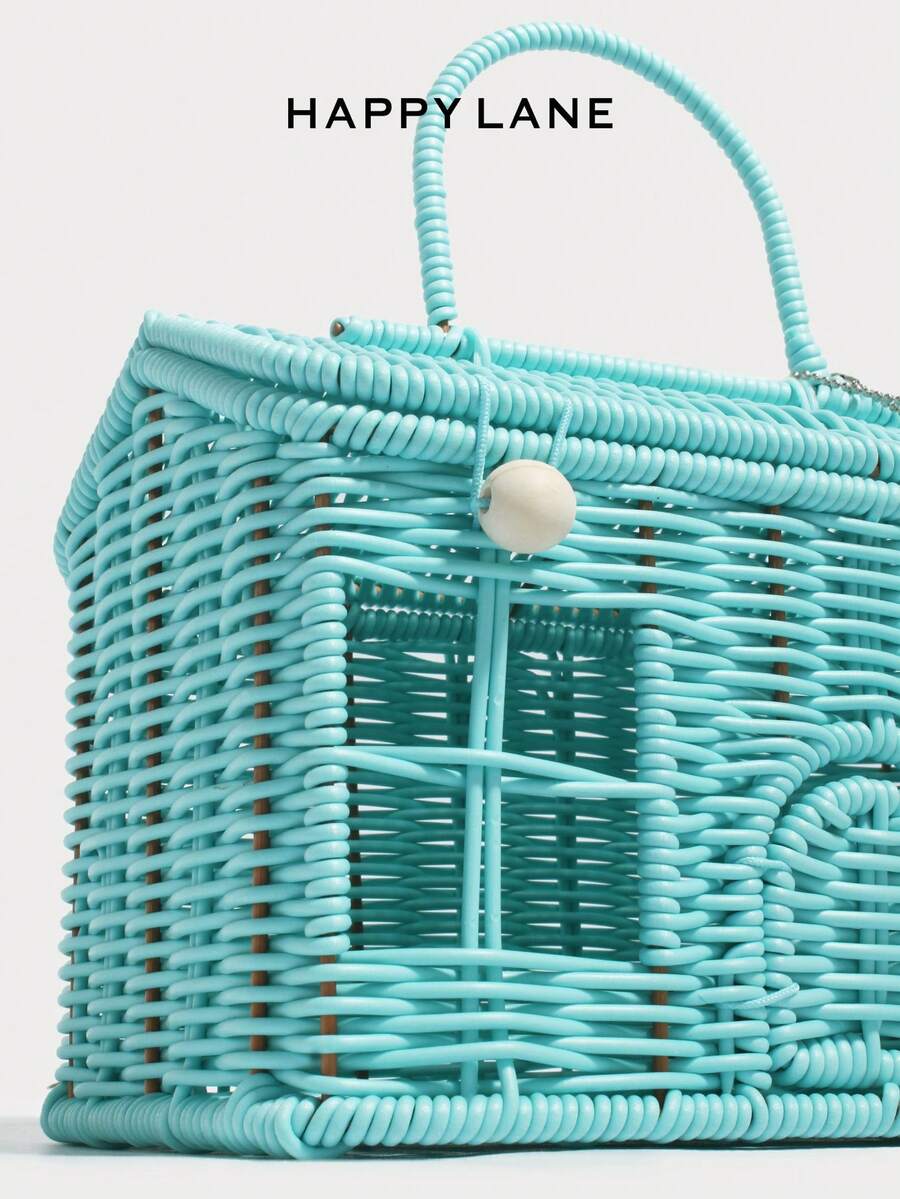 HAPPY LANE Woven Tote Bag, Mint Blue House Design, Hollowed-Out Shoulder Bag, Beach Bag, Cute Cartoon Shoulder Bag, Casual And Versatile Women's Bag