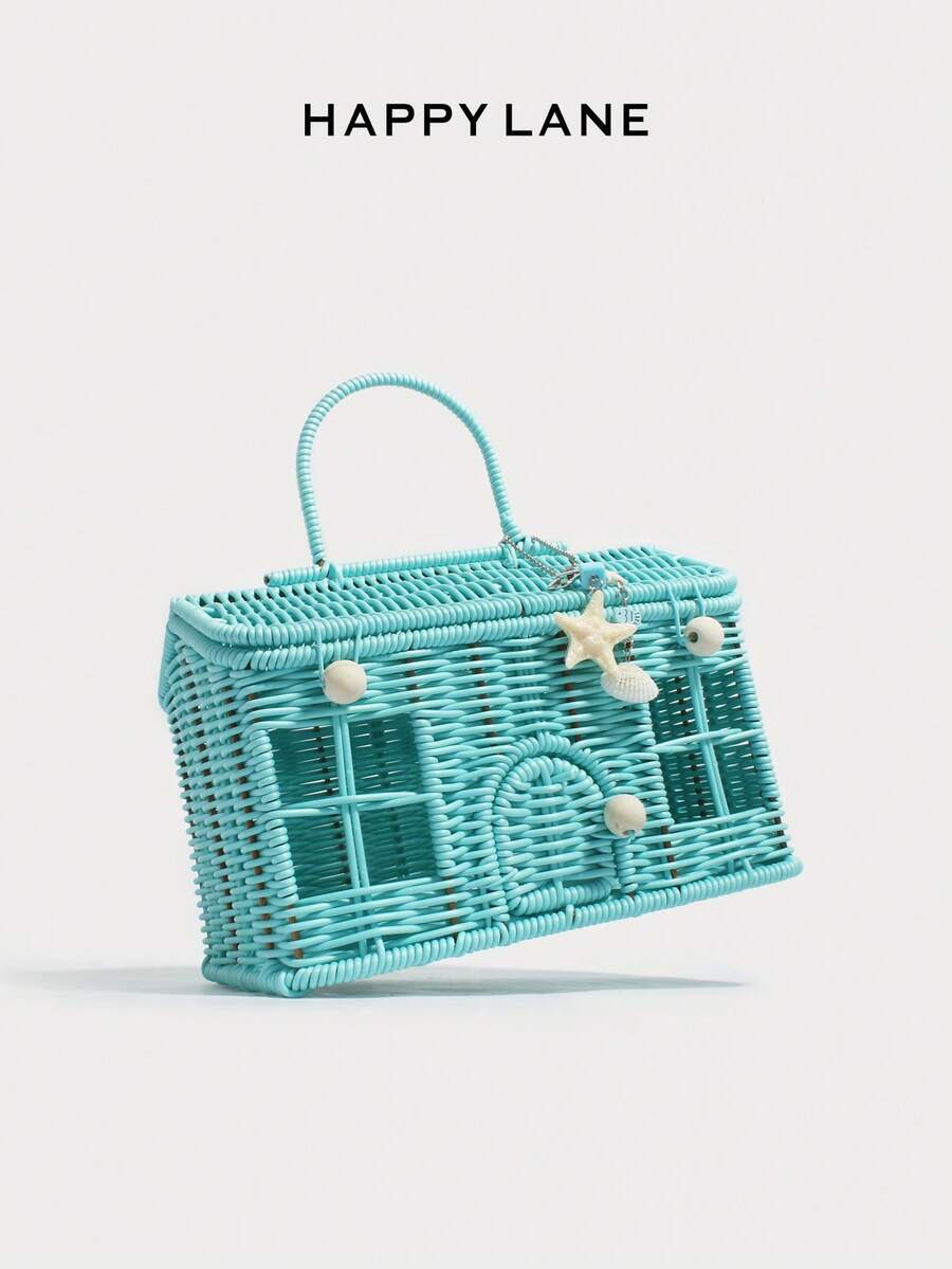 HAPPY LANE Woven Tote Bag, Mint Blue House Design, Hollowed-Out Shoulder Bag, Beach Bag, Cute Cartoon Shoulder Bag, Casual And Versatile Women's Bag
