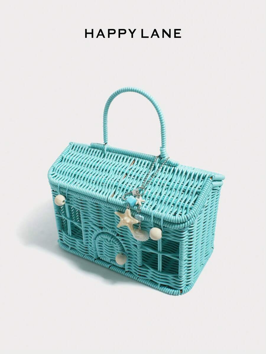 HAPPY LANE Woven Tote Bag, Mint Blue House Design, Hollowed-Out Shoulder Bag, Beach Bag, Cute Cartoon Shoulder Bag, Casual And Versatile Women's Bag