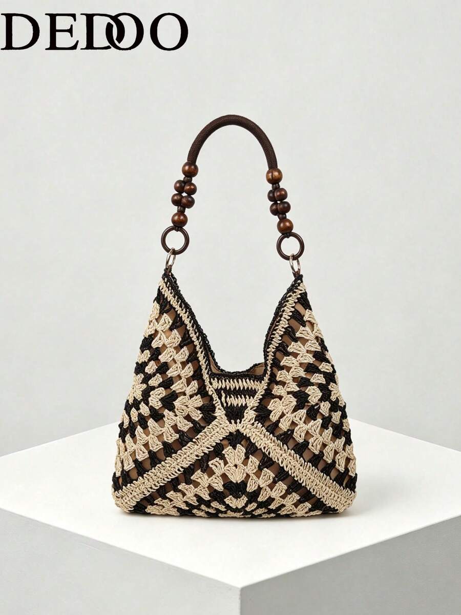 Dedoo Large Capacity Hollow Straw Tote Bag, Bohemian Style Woven Shoulder Bag, Casual Retro Romantic Tricolor Diagonal Geometric Pattern, Suitable For Travel, Beach, Summer Outings, Shopping