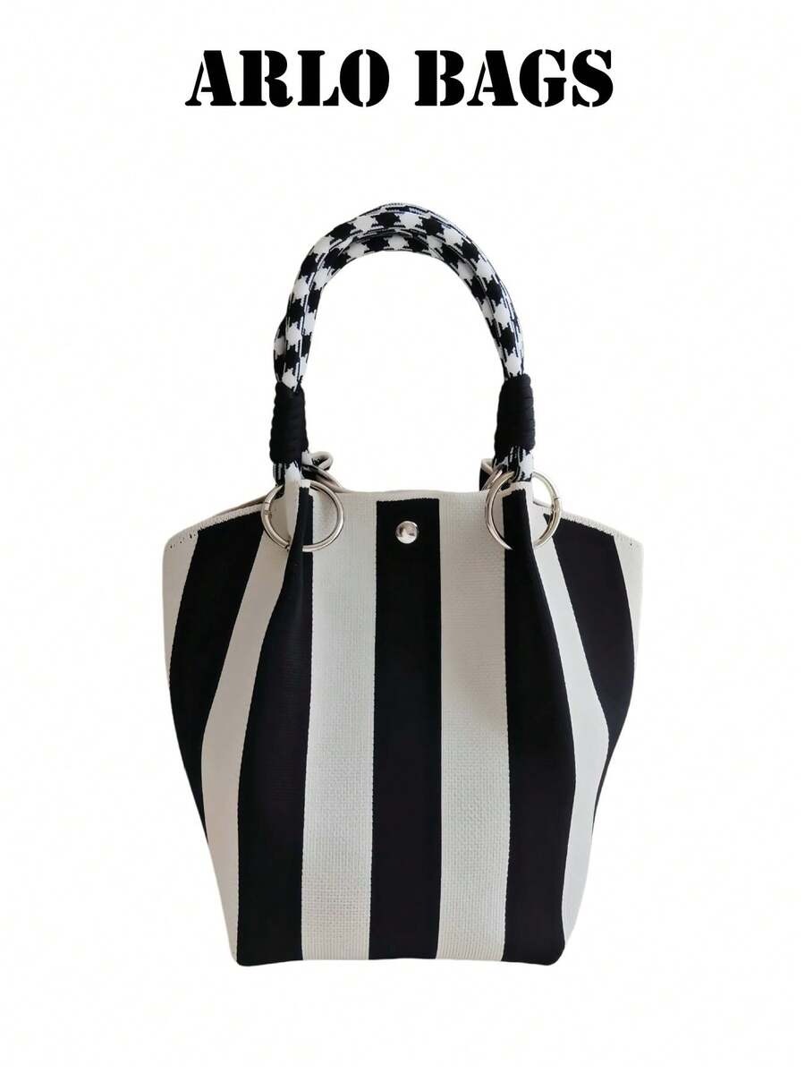 Black And White Striped Canvas Mini Bucket Tote Bag With Metal O-Ring And Plaid Knot Top Handle, A Vacation Bag, A Must-Have For Fashionable Women, Students And Campus People In Spring And Summer, Per