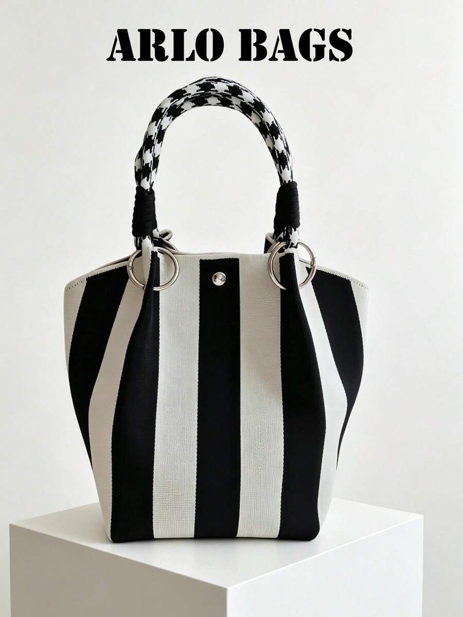 Black And White Striped Canvas Mini Bucket Tote Bag With Metal O-Ring And Plaid Knot Top Handle, A Vacation Bag, A Must-Have For Fashionable Women, Students And Campus People In Spring And Summer, Per