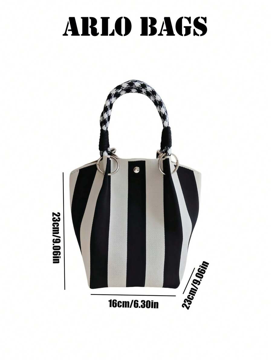 Black And White Striped Canvas Mini Bucket Tote Bag With Metal O-Ring And Plaid Knot Top Handle, A Vacation Bag, A Must-Have For Fashionable Women, Students And Campus People In Spring And Summer, Per