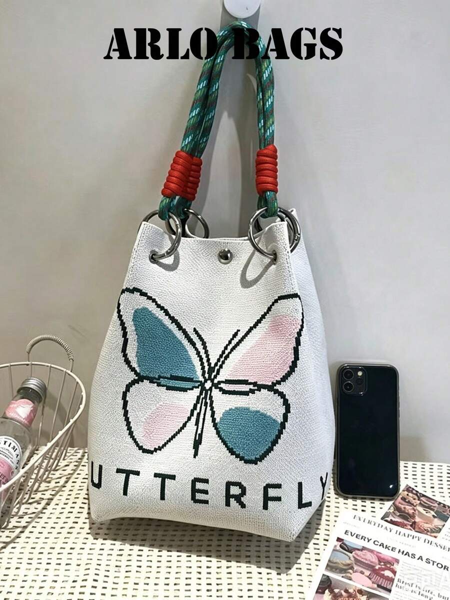 This Canvas Tote Bag Features A Grey And Black Color-Block Design, An Elegant Bucket Bag Style, And A Multifunctional Canvas Body With Unique