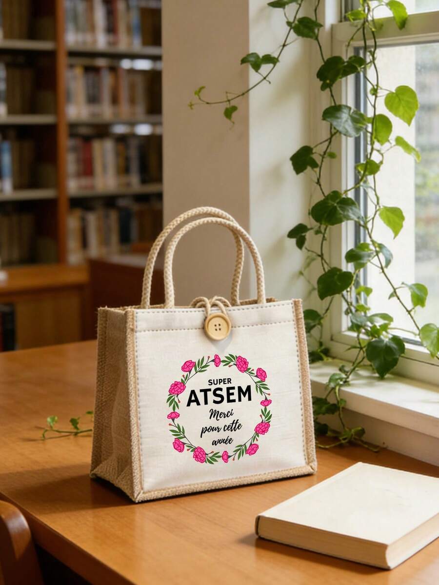 French Theme Pattern Women's Handbag, Teacher's Day Tote Bag, Teacher's Day Gift, "Merci MaîTresse" Theme Bag, Multi-Functional Storage Bag, Portable Shopping Bag, Printed With French Thank You Phrase