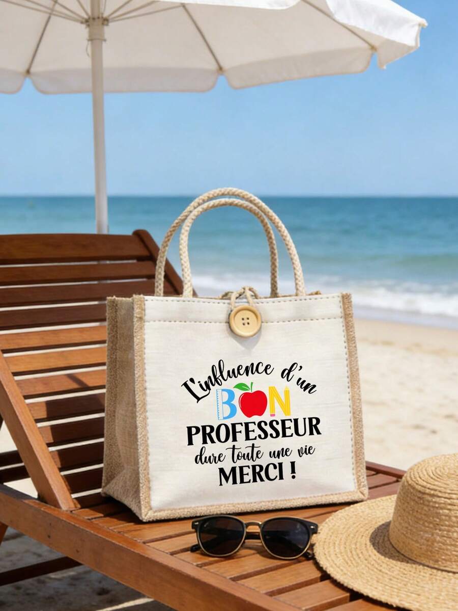 French Theme Pattern Women's Handbag, Teacher's Day Tote Bag, Teacher's Day Gift, "Merci MaîTresse" Theme Bag, Multi-Functional Storage Bag, Portable Shopping Bag, Printed With French Thank You Phrase
