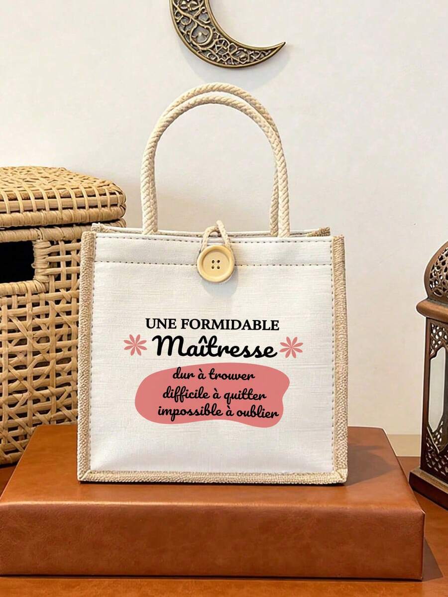 French Theme Pattern Women's Handbag, Teacher's Day Tote Bag, Teacher's Day Gift, "Merci MaîTresse" Theme Bag, Multi-Functional Storage Bag, Portable Shopping Bag, Printed With French Thank You Phrase