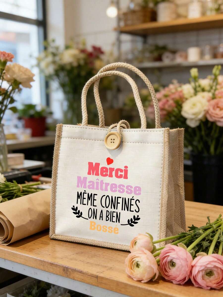 French Theme Pattern Women's Handbag, Teacher's Day Tote Bag, Teacher's Day Gift, "Merci MaîTresse" Theme Bag, Multi-Functional Storage Bag, Portable Shopping Bag, Printed With French Thank You Phrase