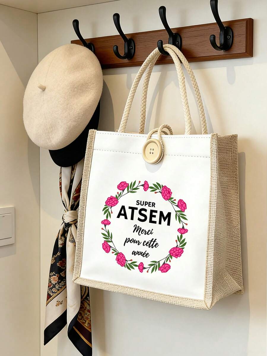 French Theme Pattern Women's Handbag, Teacher's Day Tote Bag, Teacher's Day Gift, "Merci MaîTresse" Theme Bag, Multi-Functional Storage Bag, Portable Shopping Bag, Printed With French Thank You Phrase