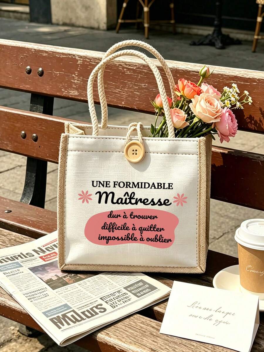 French Theme Pattern Women's Handbag, Teacher's Day Tote Bag, Teacher's Day Gift, "Merci MaîTresse" Theme Bag, Multi-Functional Storage Bag, Portable Shopping Bag, Printed With French Thank You Phrase