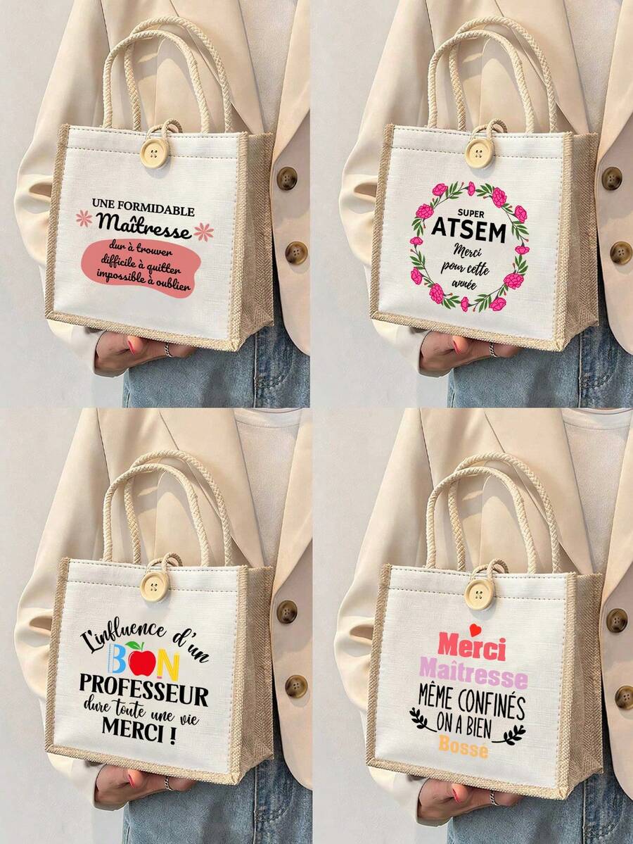 French Theme Pattern Women's Handbag, Teacher's Day Tote Bag, Teacher's Day Gift, "Merci MaîTresse" Theme Bag, Multi-Functional Storage Bag, Portable Shopping Bag, Printed With French Thank You Phrase