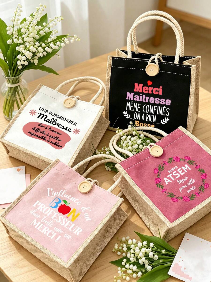 French Theme Pattern Women's Handbag, Teacher's Day Tote Bag, Teacher's Day Gift, "Merci MaîTresse" Theme Bag, Multi-Functional Storage Bag, Portable Shopping Bag, Printed With French Thank You Phrase
