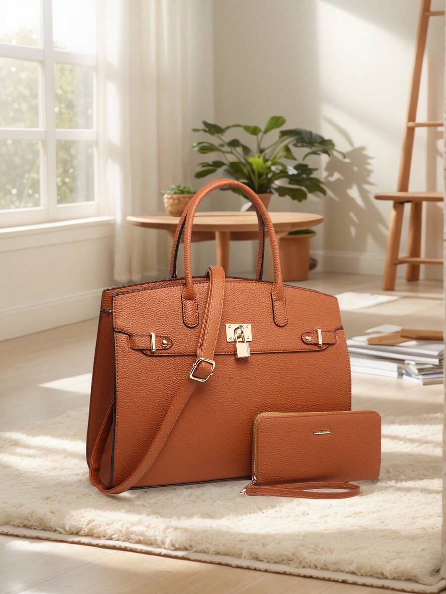 ZENG Classic Large Women's PU Leather Tote Handbag With Matching Zip Wallet, Elegant Structured Purse With Lock Top Handles