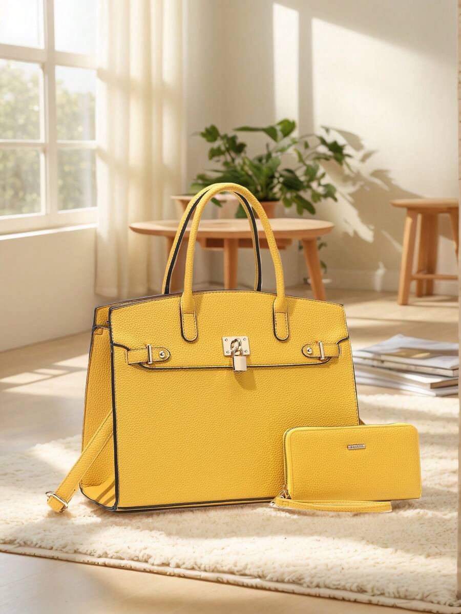 ZENG Classic Large Women's PU Leather Tote Handbag With Matching Zip Wallet, Elegant Structured Purse With Lock Top Handles